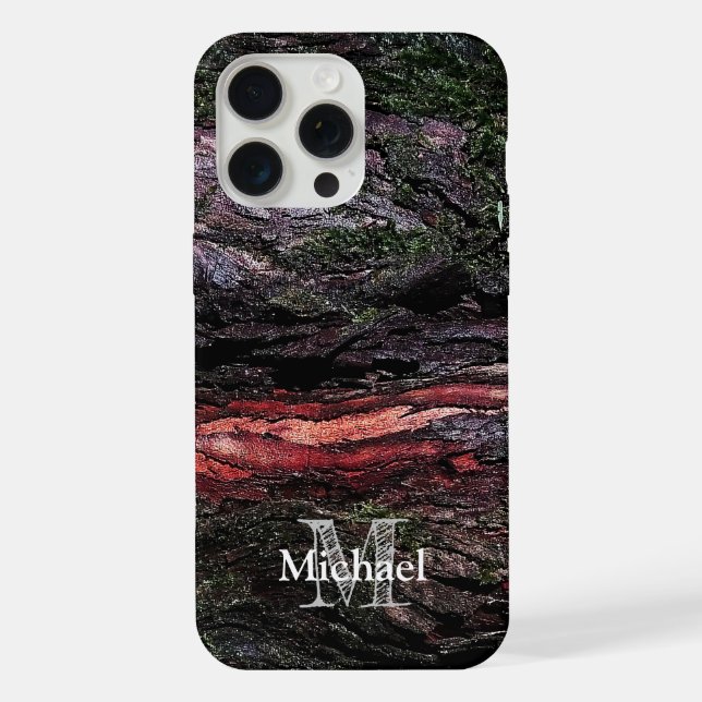 Rote schwarze Baummosse Holzrinde Monogram iPhone 15 Pro Max Hülle (Rückseite)