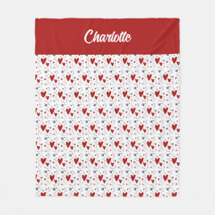 Rote schwarze Doodle-Herzen Retro-Monogramm-Name Fleecedecke