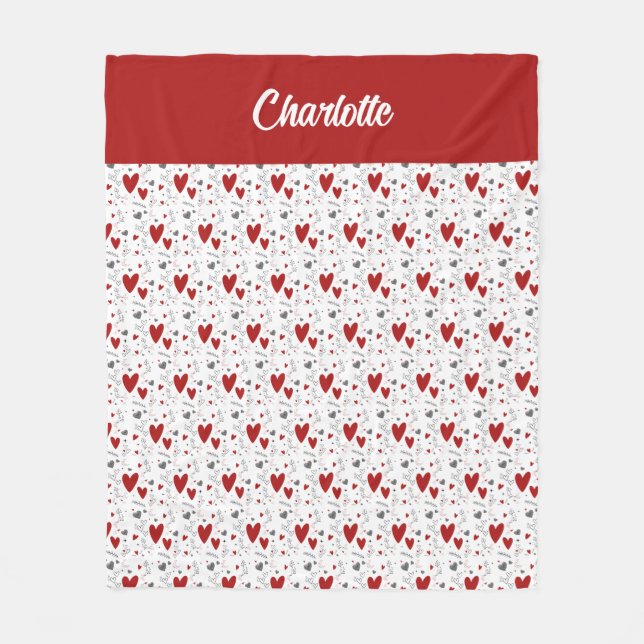 Rote schwarze Doodle-Herzen Retro-Monogramm-Name Fleecedecke (Vorderseite)
