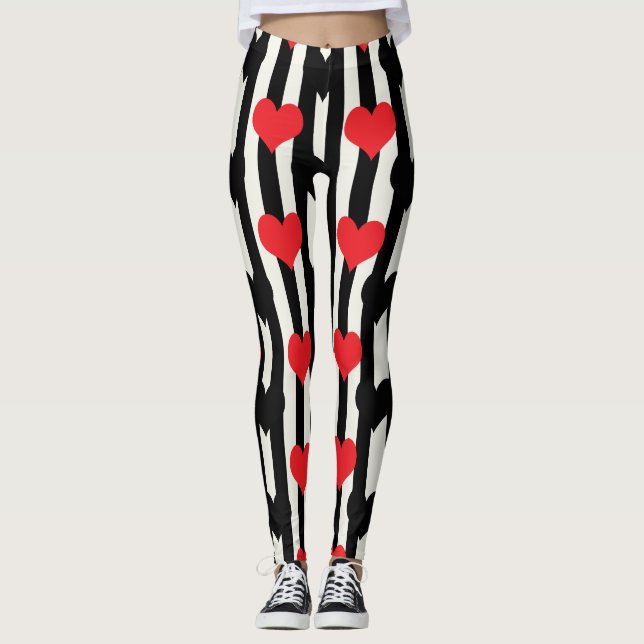 Rote schwarze Herzen auf Schwarz-weißen Streifen Leggings (Vorderseite)