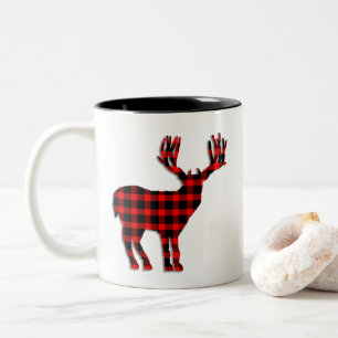 Rote schwarze karierte Rotwild-Hirsch-Silhouette Zweifarbige Tasse