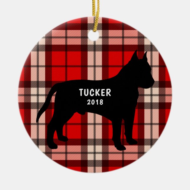 Rote schwarze karierte Weihnachtsverzierung Keramik Ornament (Vorne)