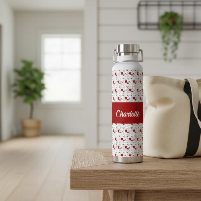 Rote schwarze moderne Herzen Retro-Monogramm-Name Trinkflasche (cute red and black retro hearts water bottle with name monogram)
