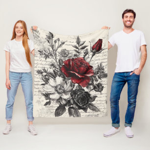 Rote Schwarze Rose Antike Manuskriptblumen Fleecedecke