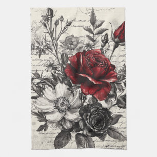 Rote Schwarze Rose Antike Manuskriptblumen Geschirrtuch