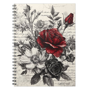 Rote Schwarze Rose Antike Manuskriptblumen Notizblock