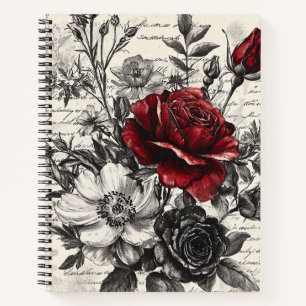 Rote Schwarze Rose Antike Manuskriptblumen Notizbuch
