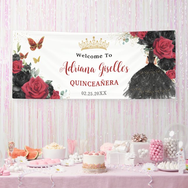 Rote schwarze Rose Blumenschmetterlinge Quinceañer Banner (Party)