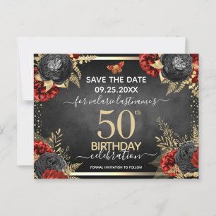 Rote schwarze Rosen 50. Geburtstag Save-the-Date Postkarte
