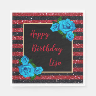 Rote schwarze Streifen Glitter Blaue Rosen Geburts Serviette