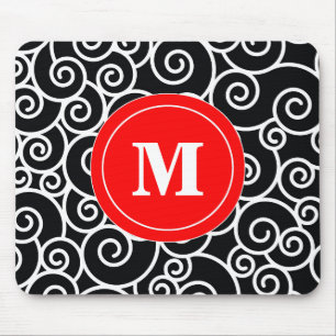 Rote schwarze Strudel-Monogramm-Mausunterlage Mousepad