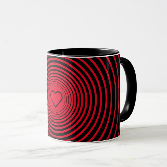 Rote schwarze Tasse mit Zirkeln der Herz-Liebe (VorderseiteRechts)