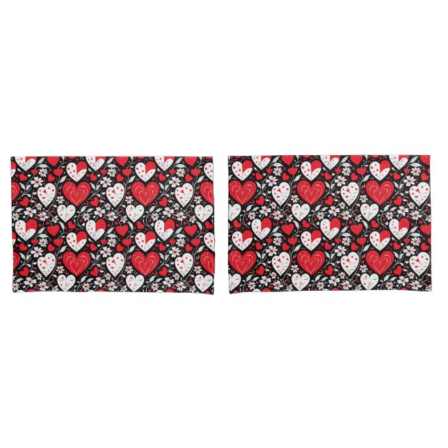 Rote, Schwarze und Weiße Herzen und Blume Kissenbezug (Vorderseite-Set)