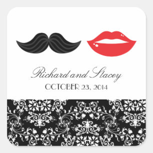 Rote, schwarze und weiße Mustache & Lips Damask Ho Quadratischer Aufkleber