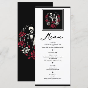 Rote & schwarze weiße Rosen Skelett Hochzeitsmenü Menükarte