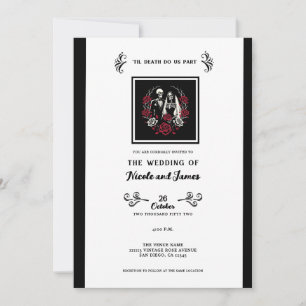 Rote & Schwarze Weiße Rosen Skelett Paar Hochzeit Einladung