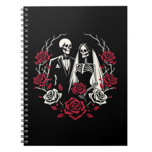 Rote & schwarze weiße Rosen Skelett Paar Hochzeit  Notizblock