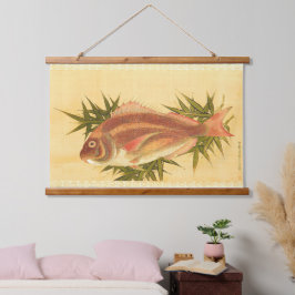 Rote See Bream (Tai) auf Bamboo-Blätter Tapestry Wandteppich Mit Holzrahmen