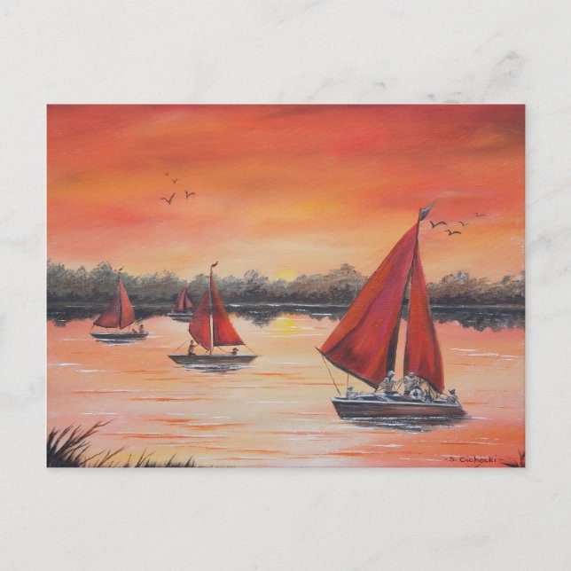 Rote Segel am Sonnenuntergang Postkarte (Vorderseite)
