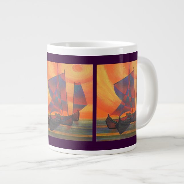 Rote Segel im sunset-kubistischen Junk-Abstrakte Jumbo-Tasse (Vorderseite Rechts)