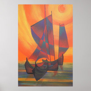 Rote Segel im sunset-kubistischen Junk-Abstrakte Poster