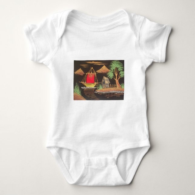 Rote Segelboote Landschaft Ölgemälde Kunst drucken Baby Strampler (Vorderseite)