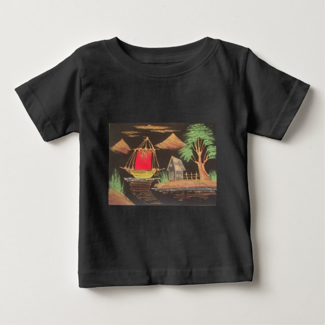 Rote Segelboote Landschaft Ölgemälde Kunst drucken Baby T-shirt (Vorderseite)