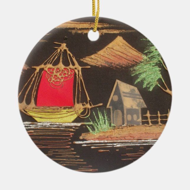 Rote Segelboote Landschaft Ölgemälde Kunst drucken Keramik Ornament (Vorne)