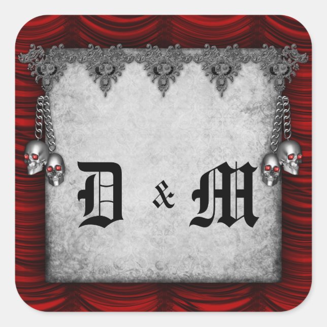 Rote Seide und Skulls Gotische Hochzeit Quadratischer Aufkleber (Vorderseite)