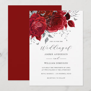 Rote Silber Blumenrose Hochzeit   Einladung
