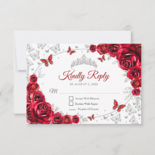 Rote silberne Blumen-Quinceanera-Antwort RSVP Karte