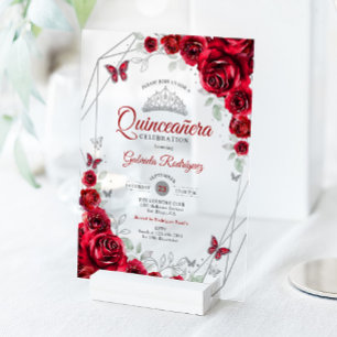 Rote silberne Floral Quinceanera Acryleinladungen