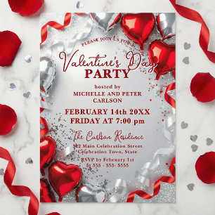 Rote silberne Herzballons Valentinstag Party Einladung