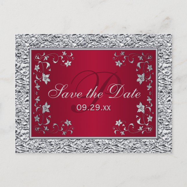 Rote, silberne IMITATE FOIL-Save the Date-Karte Ankündigungspostkarte (Vorderseite)