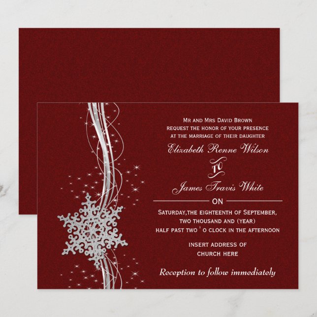 Rote Silberschneeflocken Winterhochzeit Einladunge Einladung (Vorne/Hinten)