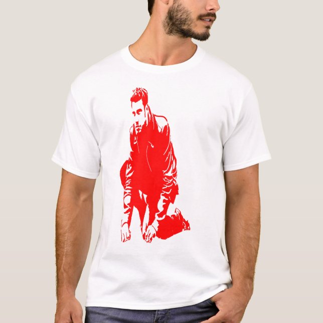 Rote Silhouette eines Mannes seine Hände auf dem B T-Shirt (Vorderseite)
