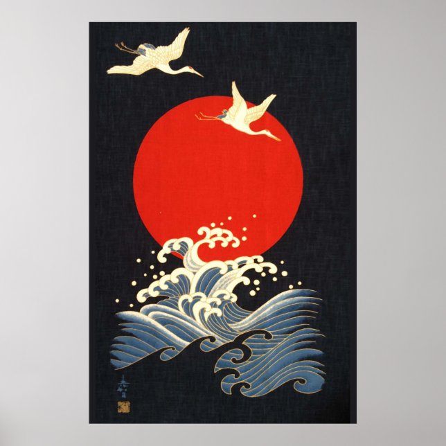 ROTE SONNE, JAPANISCHE FLIEGENDE KRÄNE, MEERWELLEN POSTER (Vorne)