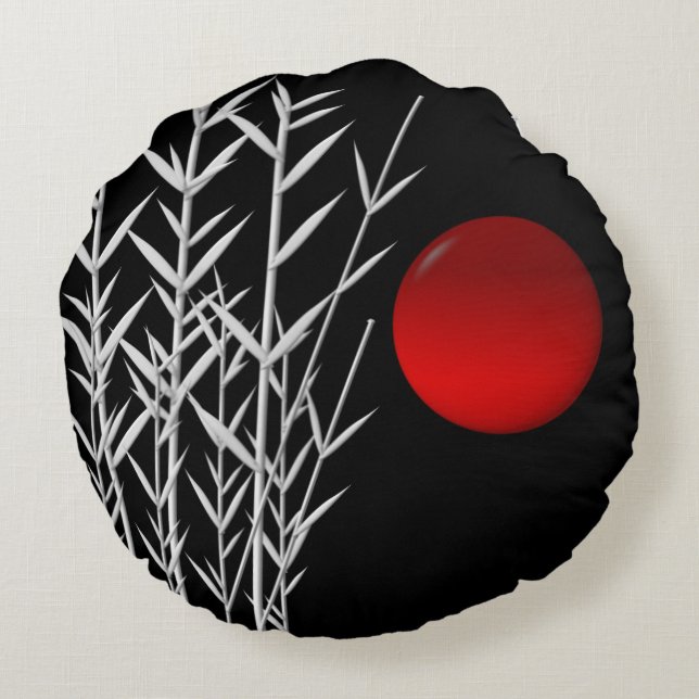 Rote Sonne Schwarz-weißer Zen Rundes Kissen (Rückseite)