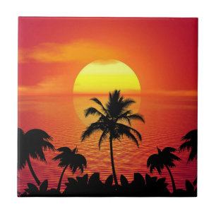 Rote Sonne Tropischer Palmstrand Fliese