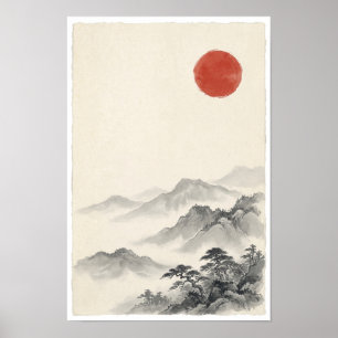 Rote Sonne über Poster der nebligen Berge   Japani
