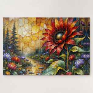 Rote Sonnenblume im Tal am Bach