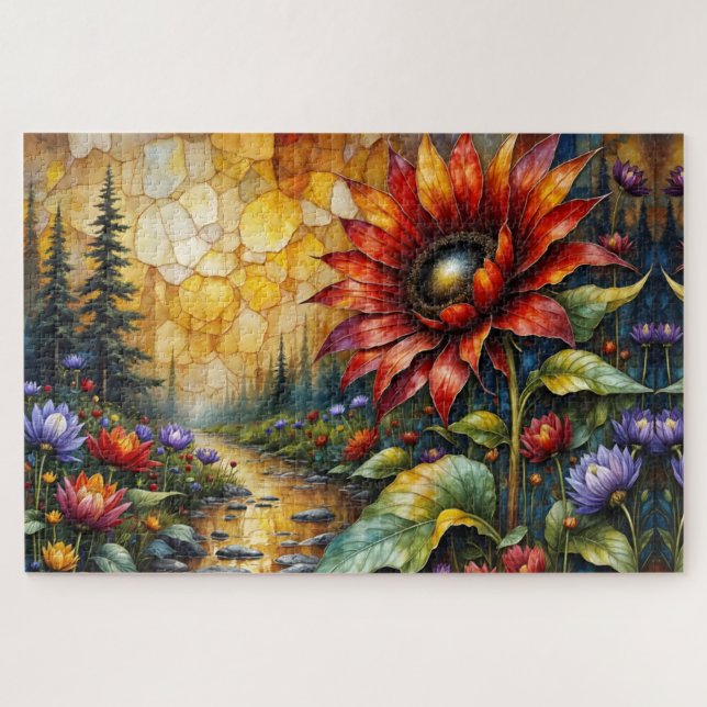 Rote Sonnenblume im Tal am Bach (Horizontal)