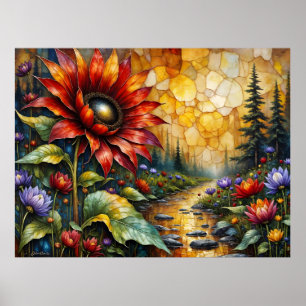 Rote Sonnenblume im Tal am Bach Poster