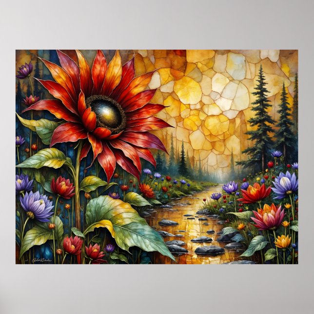 Rote Sonnenblume im Tal am Bach Poster (Vorne)