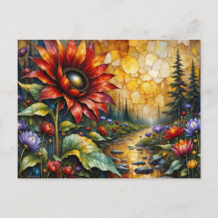 Rote Sonnenblume im Tal am Bach Postkarte