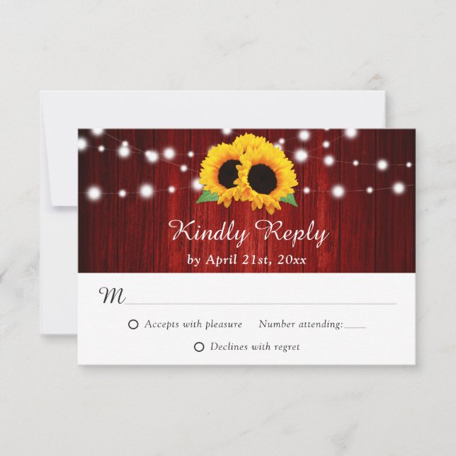 Rote Sonnenblume Rustikale Holzsaitenleuchten Hoch RSVP Karte (Vorderseite)
