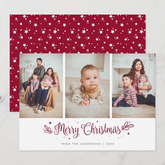 Rote Sterne Kalligrafie Weihnachten 3 Fotokarten (Vorne/Hinten)
