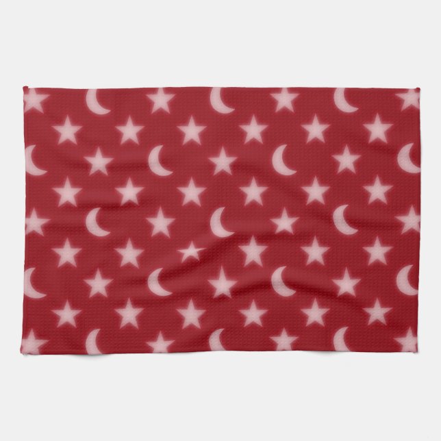Rote Sterne und Mondmuster Geschirrtuch (Horizontal)