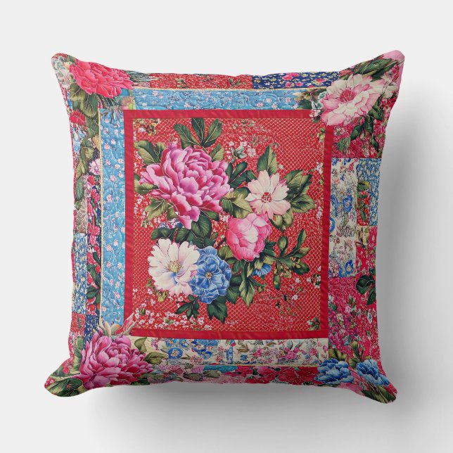 Rote Stickereien Chinoiserie Peony Kissen (Vorderseite)