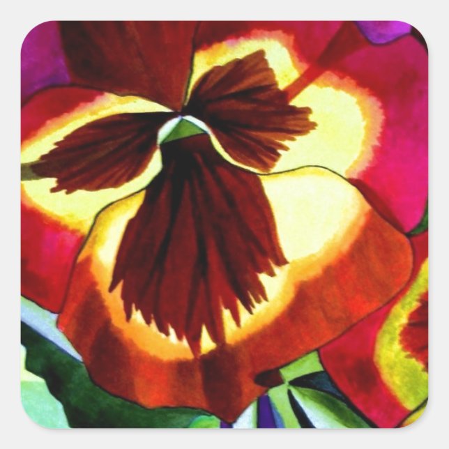 Rote Stiefmütterchen Aquarell Blume Originale Kuns Quadratischer Aufkleber (Vorderseite)
